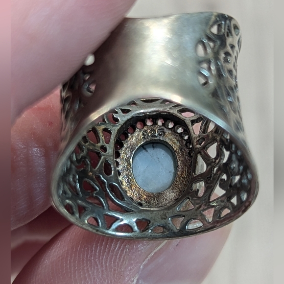 Victorian Larimar Stone CZ & Sterling Silver Laser Cut Heart Wide Band Ring - Picture 8 of 11